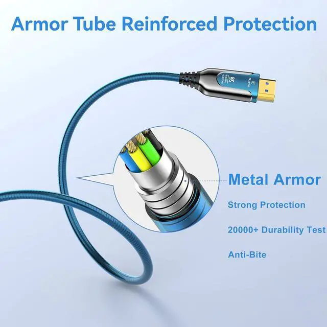 Alt view image 3 of 7 - 100Ft Fiber Optic HDMI Cables 8K 48Gbps, [UPGATED] Metal Armor Jacket, Ultra High Speed HDMI 2.1 Cable, 8K@60Hz 4K@120Hz, Compatible for Playstation 5 PC HDTV, Male-to-Male 100 ft.