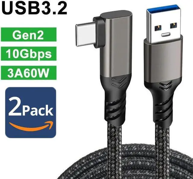 Main image of 2-Pack USB A to USB C Cable Right Angle 3.3FT, USB 3.1/3.2 10Gbps Data Transfer and 60W 3A Fast Charging Long Cable for Android Auto Samsung, VR Link External, SSD and Other USB to Type C Device