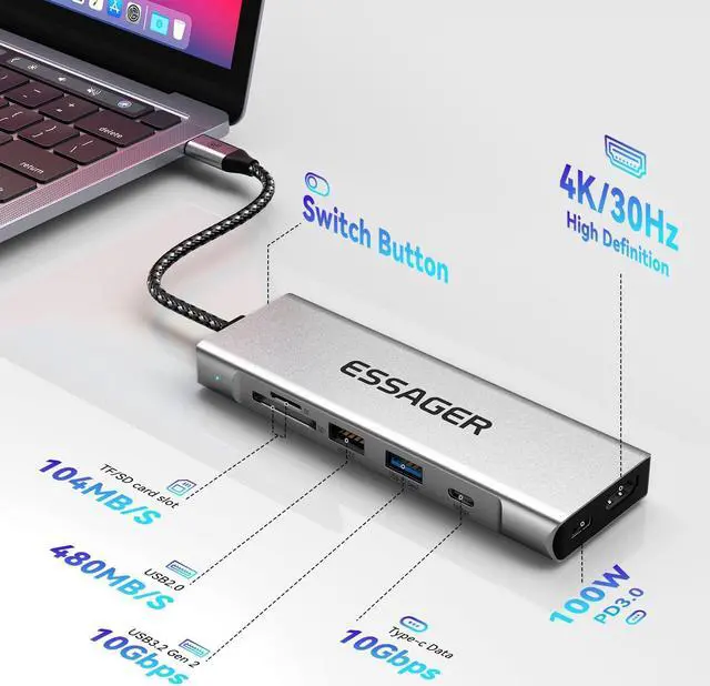 Alt view image 2 of 7 - AUBEAMTO 8 in 1 USB C Hub with M.2 NVMe/SATA SSD Enclosure 10Gbps, 4K HDMI 1.4, USB 3.2 Gen2, PD100W, Aluminum Alloy USB C SSD Enclosure for M.2 NVMe and SATA SSD