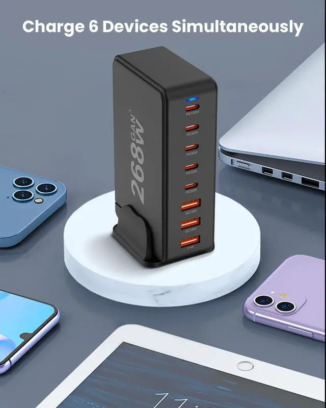 Alt view image 5 of 7 - AUBEAMTO USB C Charger, 268W 8-Port Fast USB Charging Station with 5 USB-C + 3 USB-A, Portable Multiport USB C Wall Charger for iPhone 15-12 Series, iPad Pro, MacBook, Galaxy, Pixel, Switch, and More