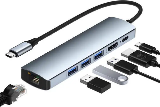 Main image of AUBEAMTO USB C Hub Ethernet HDMI 4K 30Hz, 6 in 1 USB C Hub Multiport Adapter with 1 HDMI 4K@30Hz, 1Gbps RJ45 Ethernet, 3 USB 3.0, 100W PD Compatible with MacBook Air/Pro, XPS13/15, iPad Pro M1/M2