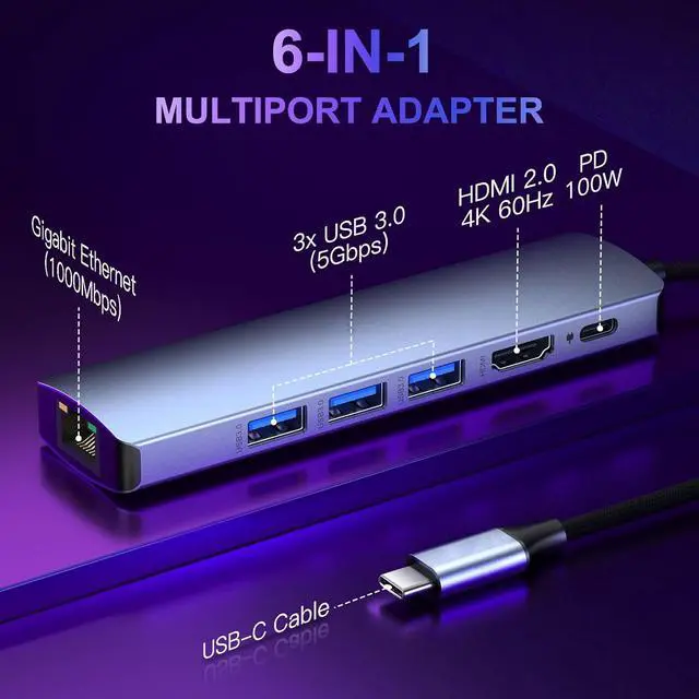 Alt view image 2 of 7 - AUBEAMTO USB C Hub Ethernet HDMI 4K 30Hz, 6 in 1 USB C Hub Multiport Adapter with 1 HDMI 4K@30Hz, 1Gbps RJ45 Ethernet, 3 USB 3.0, 100W PD Compatible with MacBook Air/Pro, XPS13/15, iPad Pro M1/M2