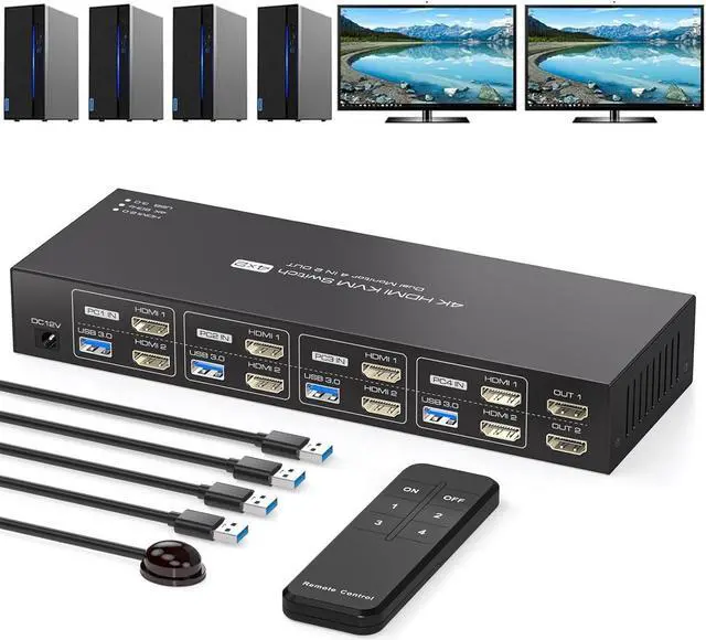 Main image of AUBEAMTO Dual Monitor HDMI KVM Switch 4 Computers 2 Monitors 4K@60Hz 2K@120Hz 4 Port KVM Switches for 4 PCs Share 2 Monitor and 4 USB 3.0 Devices with Remote,USB3.0 Cables and Power Adapter