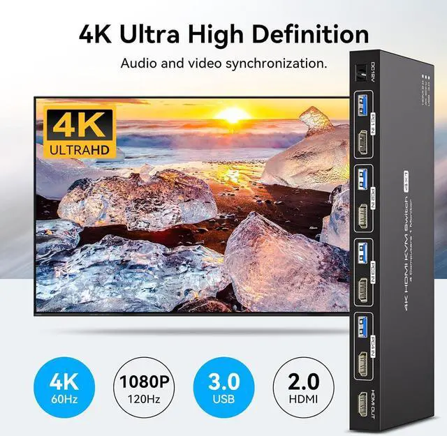 Alt view image 6 of 7 - AUBEAMTO 4K@60Hz HDMI KVM Switch 4 Computers 1 Monitor USB3.0 2K120Hz 4 Ports HDMI KVM Switch 4 in 1 Out for 4 Computers Share 1 Monitor and Keyboard Mouse. with 4 USB Cable and Wireless Controller