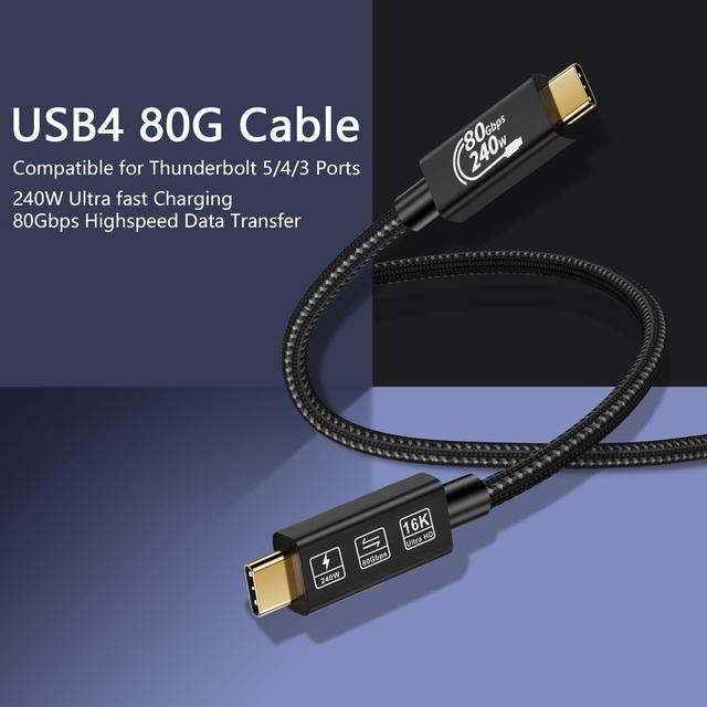 Alt view image 3 of 7 - AUBEAMTO USB4 Cable 6.6FT, with Thunderbolt 5 Cable, 240 W Charging Cable, 80 Gbps Data Cable, gen4 cable,16K@60Hz 4K120Hz HDR, USB C to USB C Cable, for Hub, Dock, M2, M3, SSD, Laptops, Monitor