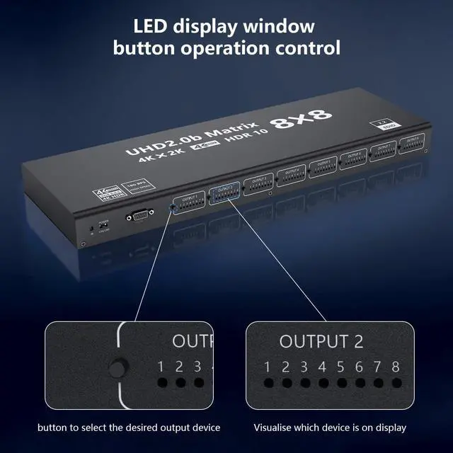 Alt view image 5 of 7 - AUBEAMTO HDMI Matrix 8x8 4K@60Hz Video Matrix 8 in 8 Out Seamless Switcher&Splitter Combined 3 Modes with Charging Head IR Remote Support HDMI2.0 RGB888/YUV444 RS232 Panel Key HDCP2.2 HDR10 3D etc
