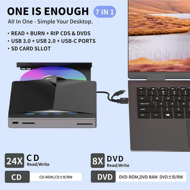Alt view image 3 of 7 - AUBEAMTO External CD/DVD Drive for Laptop, 7 in 1 USB 3.0 DVD Player Portable CD/DVD Burner, CD ROM External DVD Drive for Laptop Compatible with Laptop Desktop PC Windows 11/10/8/7 Linux Mac OS