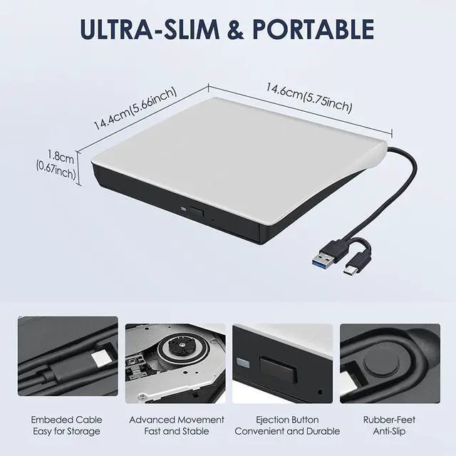 Alt view image 6 of 7 - AUBEAMTO External CD/DVD Drive for Laptop in white , USB 3.0 & Type-C CD Burner, Portable DVD Player, Slim External Optical Drive Compatible with Windows, Mac, Linux OS (2 in 1 USB A&C)