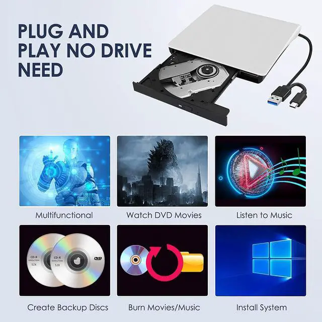 Alt view image 2 of 7 - AUBEAMTO External CD/DVD Drive for Laptop in white , USB 3.0 & Type-C CD Burner, Portable DVD Player, Slim External Optical Drive Compatible with Windows, Mac, Linux OS (2 in 1 USB A&C)