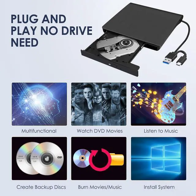 Alt view image 2 of 7 - AUBEAMTO External CD/DVD Drive for Laptop in black , USB 3.0 & Type-C CD Burner, Portable DVD Player, Slim External Optical Drive Compatible with Windows, Mac, Linux OS (2 in 1 USB A&C)