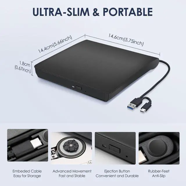 Alt view image 6 of 7 - AUBEAMTO External CD/DVD Drive for Laptop in black , USB 3.0 & Type-C CD Burner, Portable DVD Player, Slim External Optical Drive Compatible with Windows, Mac, Linux OS (2 in 1 USB A&C)