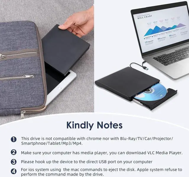 Alt view image 7 of 7 - AUBEAMTO External CD/DVD Drive for Laptop in black , USB 3.0 & Type-C CD Burner, Portable DVD Player, Slim External Optical Drive Compatible with Windows, Mac, Linux OS (2 in 1 USB A&C)