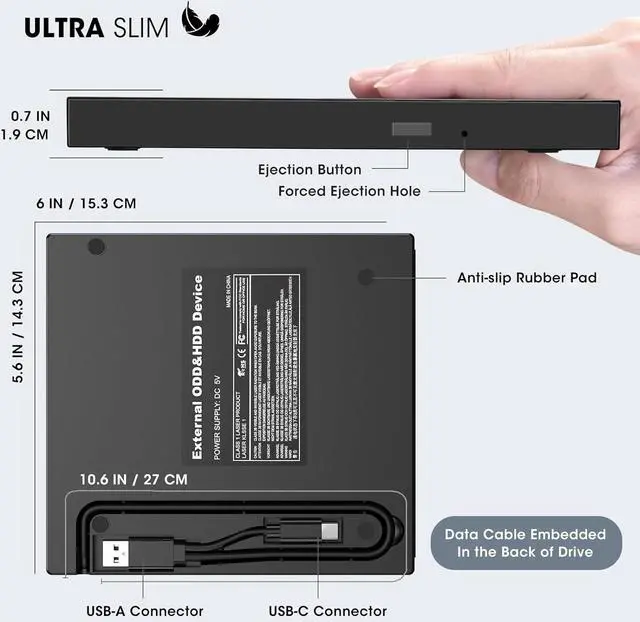 Alt view image 6 of 7 - AUBEAMTO External CD DVD Drive, Ultra Slim CD Burner USB 3.0 with 4 USB Ports and 2 TF/SD Card Slots, Optical Disk Drive for Laptop Mac, PC Windows 11/10/8/7 Linux OS