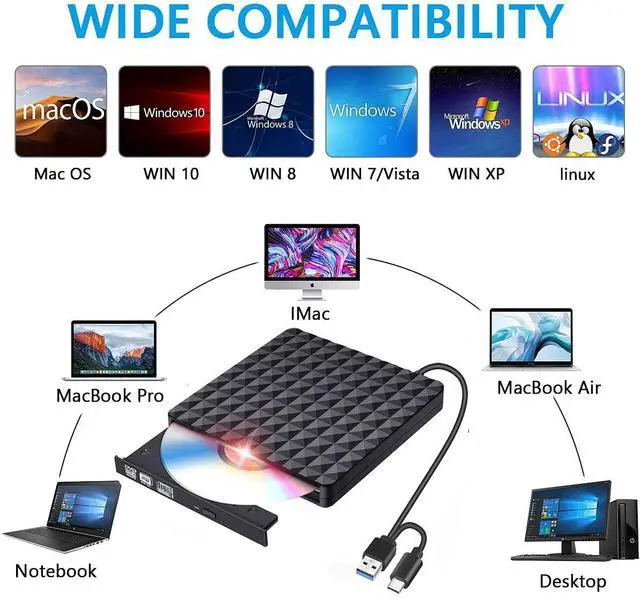 Alt view image 2 of 7 - AUltra-Thin External CD/DVD Drive: With a thickness of only 0.63 inches and a lightweight, compact design, this USB CD Drive fits easily into a backpack, making it perfect for travel, office, or home