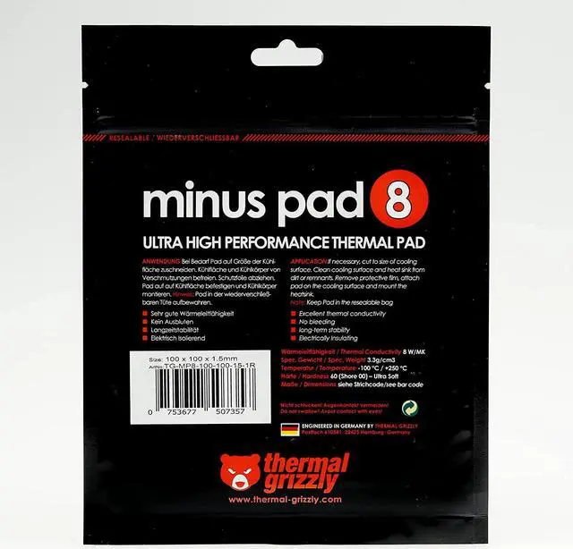 Alt view image 4 of 5 - Thermopad Thermal Grizzly Minus Pad 8 - Silicone, Self-Adhesive, Thermally Conductive Thermal Pad - Conducts Heat and Cools The Heating Elements of The Computer or Console (100 × 100 × 1,5 mm)