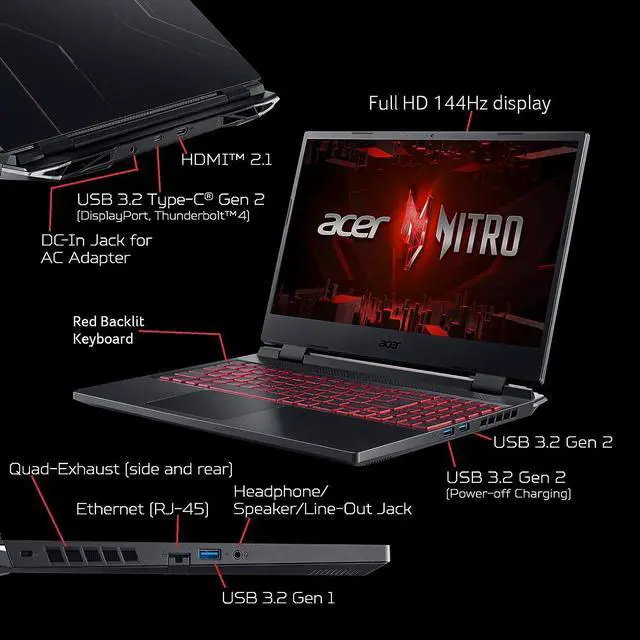 Alt view image 3 of 7 - Acer Nitro 5 15 Gaming Laptop, 15.6" FHD 144Hz, Intel Core i5-12500H 12-Core Processor, GeForce RTX 3050 4GB GDDR6, 64GB DDR4  1TB PCIe SSD, Bluetooth, Backlit Keyboard, Windows 11 Pro