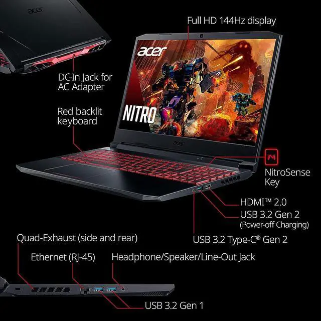 Alt view image 3 of 7 - Acer Nitro 5 Gaming Laptop, 15.6" FHD 144Hz, Intel Core i5-10300H 4-core Processor, NVIDIA GeForce RTX 3050 4GB GDDR6, 32GB DDR4  1TB PCIe SSD, Bluetooth 5.1 Backlit Keyboard, Windows 11 Pro