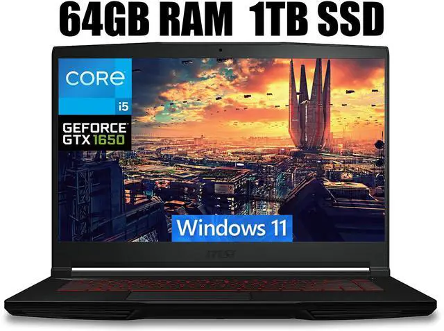 Main image of MSI GF63 Thin 15 Gaming Laptop, 15.6" FHD Display, Intel Core i5-11400H 6 core Processor, NVIDIA GeForce GTX 1650 4GB, Backlit Keyboard, Bluetooth 5.1, 64GB DDR4  1TB PCIe SSD, Windows 11