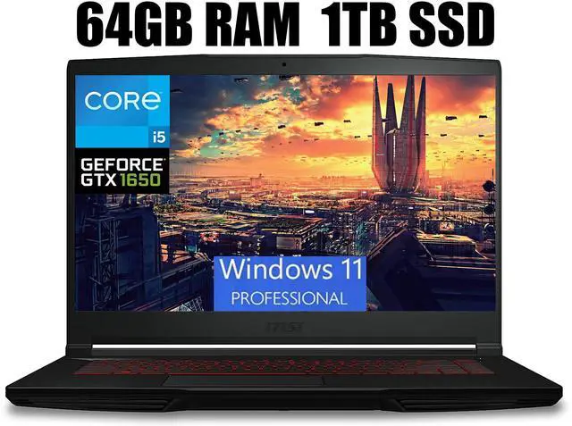 Main image of MSI GF63 Thin 15 Gaming Laptop, 15.6" FHD Display, Intel Core i5-11400H 6 core Processor, NVIDIA GeForce GTX 1650 4GB, Backlit Keyboard, Bluetooth 5.1, 64GB DDR4  1TB PCIe SSD, Windows 11 Pro