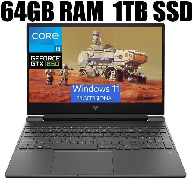 Main image of HP Victus 15 Gaming Laptop, 15.6" FHD 144Hz Display, Intel Core i5-12450H 8 Cores Processor, NVIDIA GeForce GTX 1650 4 GB GDDR5, WiFi 6, Backlit KB, 64GB DDR4  1TB PCIe SSD, Windows 11 Pro