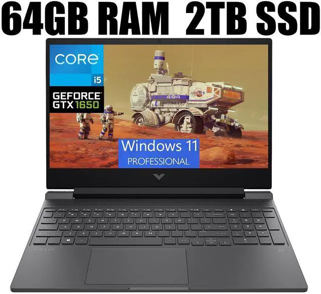 Main image of HP Victus 15 Gaming Laptop, 15.6" FHD 144Hz Display, Intel Core i5-12450H 8 Cores Processor, NVIDIA GeForce GTX 1650 4 GB GDDR5, WiFi 6, Backlit KB, 64GB DDR4  2TB PCIe SSD, Windows 11 Pro