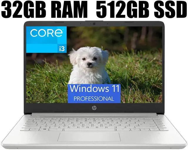 Main image of HP 14 Laptop, 14" Full HD Display, Intel Core i3-1115G4 Dual-Core Processor, Intel UHD Graphics, Webcam, WiFi, Bluetooth, 32GB DDR4  512GB PCIe SSD, Windows 11 Pro