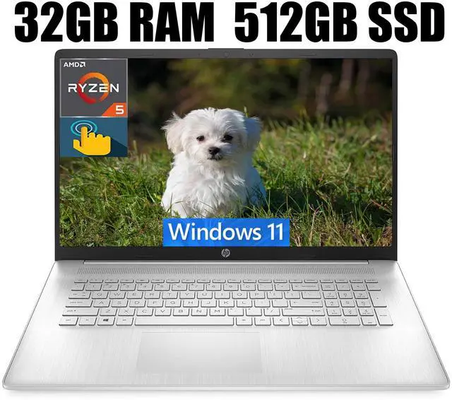 Main image of HP 17 Laptop, 17.3" HD+ (1600 x 900) Touchscreen, AMD Ryzen 5 5500U 6 cores Processor, AMD Radeon Graphics, Wi-Fi, Bluetooth, 720p HD Camera, 32GB DDR4  512GB PCIe SSD, Windows 11