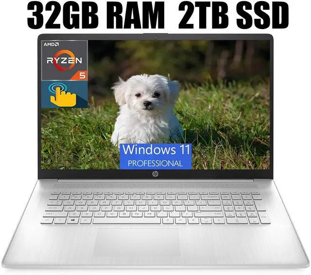 Main image of HP 17 Laptop, 17.3" HD+ (1600 x 900) Touchscreen, AMD Ryzen 5 5500U 6 cores Processor, AMD Radeon Graphics, Wi-Fi, Bluetooth, 720p HD Camera, 32GB DDR4  2TB PCIe SSD, Windows 11 Pro