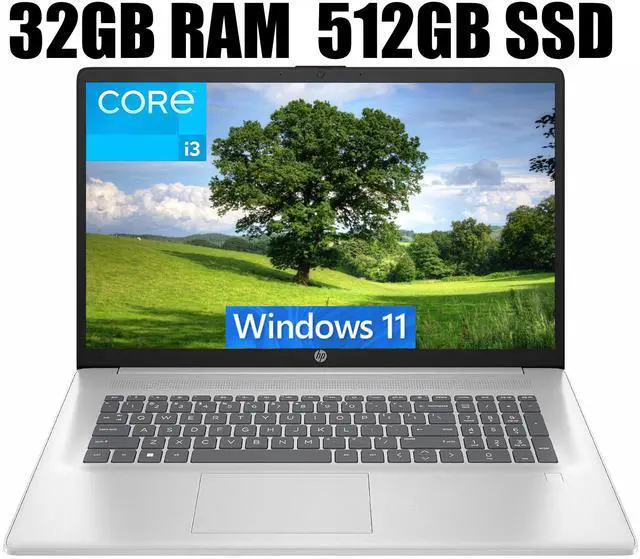 Main image of HP 17 Laptop, 17.3" FHD (1920 x 1080) Display, Intel Core i3-N305 8 Cores Processor, Intel UHD Graphics, Webcam, HDMI, Fingerprint Reader, Wi-Fi 6, 32GB DDR4  512GB PCIe SSD, Windows 11