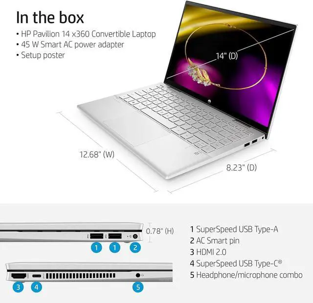Alt view image 6 of 6 - HP Pavilion x360 14 Laptop, 14" FHD Touchscreen, Intel Core i5-1235U 10 Cores Processor, Intel Iris Xe Graphics, Wi-Fi 6 and Bluetooth, 32GB DDR4  1TB PCIe SSD, Windows 11