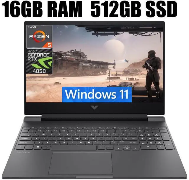 Main image of HP Victus 15 Gaming Laptop, 15.6" FHD 144Hz Display, AMD Ryzen 5 8645HS 6-core Processor, NVIDIA GeForce RTX 4050 6 GB GDDR6, Backlit Keyboard, Wi-Fi 6, 16GB DDR5  512GB PCIe SSD, Windows 11