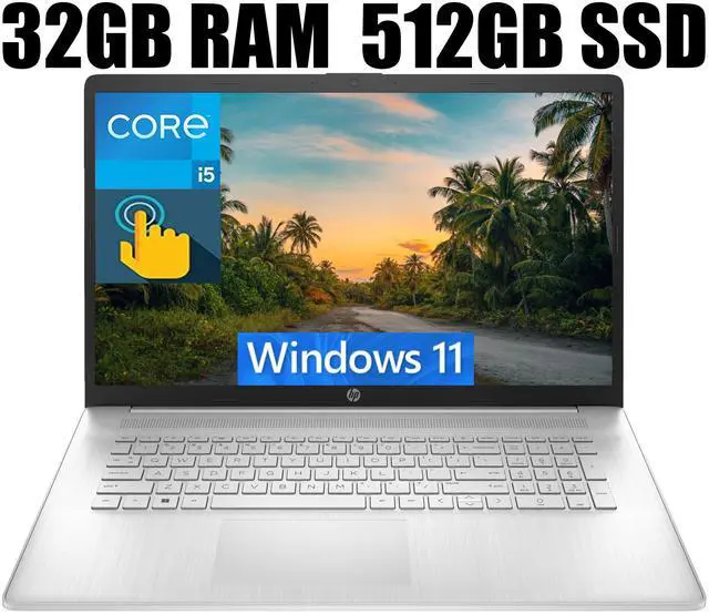 Main image of HP 17 Laptop, 17.3" HD+ Touchscreen, Intel Core i5-1334U 10 Cores Processor, Intel Iris Xe Graphics, Webcam, HDMI, FP Reader, Backlit KB, Wi-Fi 6, 32GB DDR4  512GB PCIe SSD, Windows 11