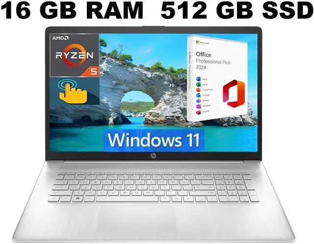 Main image of HP 17 Laptop, 17.3" HD+ Touchscreen, AMD Ryzen 5 7530U (6-Core) Processor, AMD Radeon Graphics, 16GB DDR4  512GB PCIe SSD, Wi-Fi 6, Bluetooth, Webcam, Windows 11 ,Office 2024 License