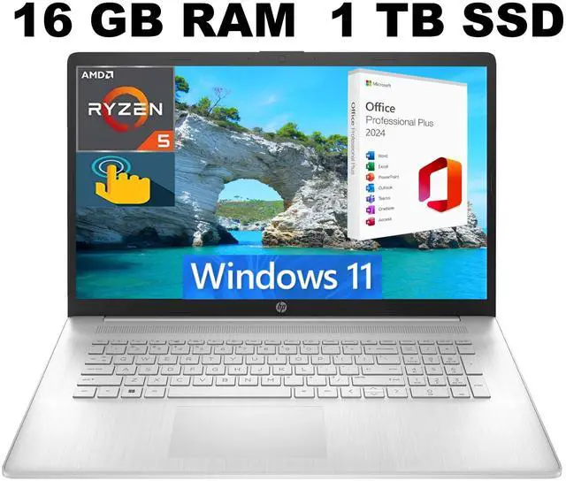 Main image of HP 17 Laptop, 17.3" HD+ Touchscreen, AMD Ryzen 5 7530U (6-Core) Processor, AMD Radeon Graphics, 16GB DDR4  1TB PCIe SSD, Wi-Fi 6, Bluetooth, Webcam, Windows 11 ,Office 2024 License