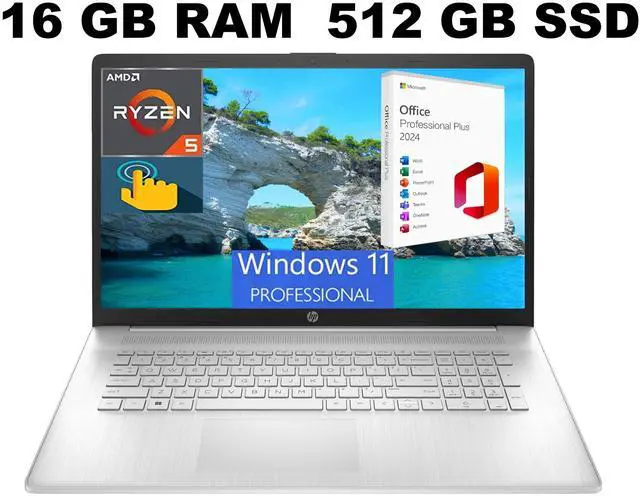 Main image of HP 17 Laptop, 17.3" HD+ Touchscreen, AMD Ryzen 5 7530U (6-Core) Processor, AMD Radeon Graphics, 16GB DDR4  512GB PCIe SSD, Wi-Fi 6, Bluetooth, Webcam, Windows 11 Pro ,Office 2024 License