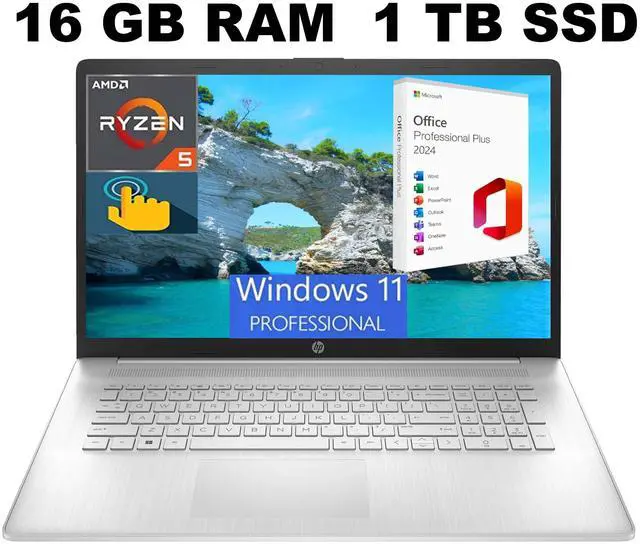Main image of HP 17 Laptop, 17.3" HD+ Touchscreen, AMD Ryzen 5 7530U (6-Core) Processor, AMD Radeon Graphics, 16GB DDR4  1TB PCIe SSD, Wi-Fi 6, Bluetooth, Webcam, Windows 11 Pro ,Office 2024 License