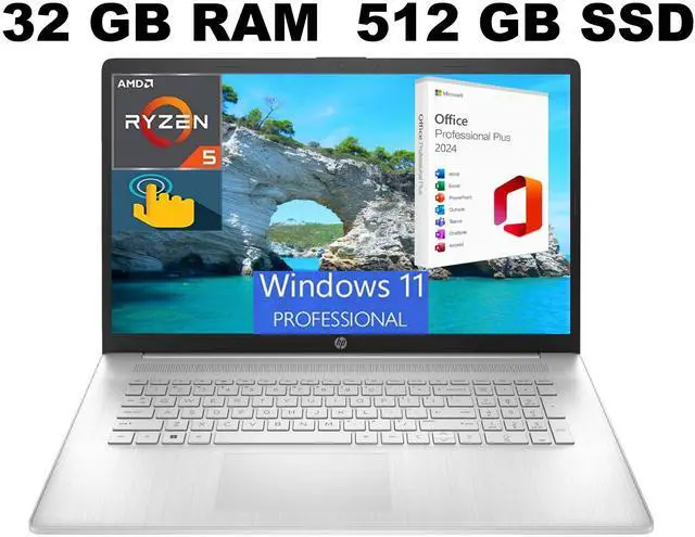 Main image of HP 17 Laptop, 17.3" HD+ Touchscreen, AMD Ryzen 5 7530U (6-Core) Processor, AMD Radeon Graphics, 32GB DDR4  512GB PCIe SSD, Wi-Fi 6, Bluetooth, Webcam, Windows 11 Pro ,Office 2024 License