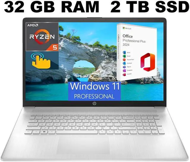Main image of HP 17 Laptop, 17.3" HD+ Touchscreen, AMD Ryzen 5 7530U (6-Core) Processor, AMD Radeon Graphics, 32GB DDR4  2TB PCIe SSD, Wi-Fi 6, Bluetooth, Webcam, Windows 11 Pro ,Office 2024 License