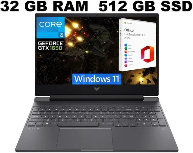 Main image of HP Victus 15 Gaming Laptop, 15.6" FHD 144Hz Display, Intel Core i5-12450H 8 Cores Processor, GeForce GTX 1650 4 GB GDDR5, 32GB DDR4  512GB PCIe SSD, Backlit KB, Windows 11 ,Office 2024 License