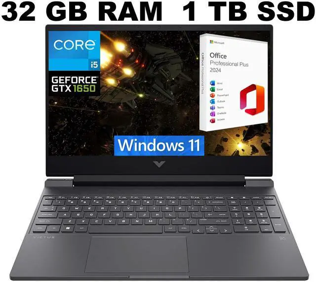 Main image of HP Victus 15 Gaming Laptop, 15.6" FHD 144Hz Display, Intel Core i5-12450H 8 Cores Processor, GeForce GTX 1650 4 GB GDDR5, 32GB DDR4  1TB PCIe SSD, Backlit KB, Windows 11 ,Office 2024 License