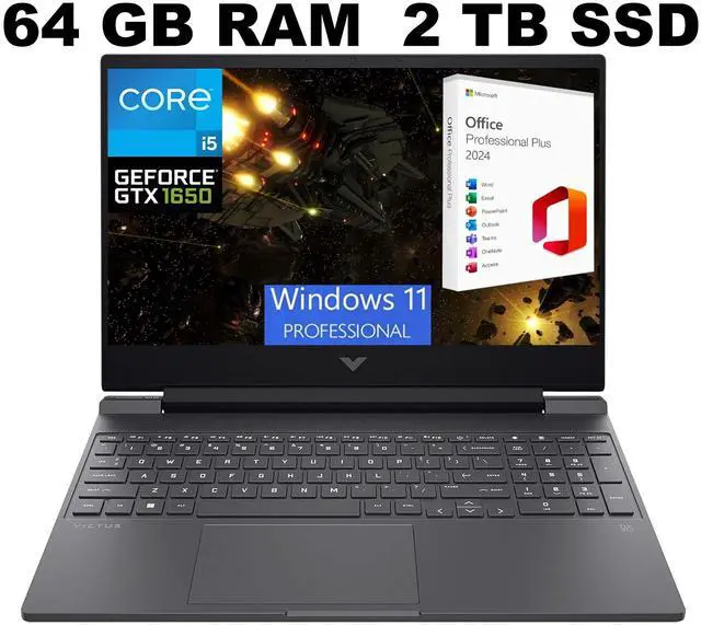 Main image of HP Victus 15 Gaming Laptop, 15.6" FHD 144Hz Display, Intel Core i5-12450H 8 Cores Processor, GeForce GTX 1650 4 GB GDDR5, 64GB DDR4  2TB PCIe SSD, Backlit KB, Windows 11 Pro ,Office 2024 License
