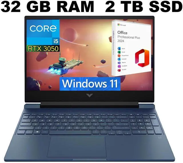 Main image of HP Victus 15 Gaming Laptop, 15.6" FHD Display, Intel Core i5-12500H 12 Cores Processor, RTX 3050 4GB Graphic, 32GB DDR4  2TB PCIe SSD, Backlit Keyboard, Windows 11 ,Office 2024 License