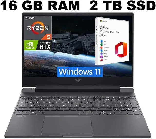 Main image of HP Victus 15 Gaming Laptop, 15.6" FHD 144Hz Display, AMD Ryzen 5 7535HS 6 cores Processor, RTX 2050 4GB GDDR6, 16GB DDR5  2TB PCIe SSD, Backlit Keyboard, Windows 11 ,Office 2024 License