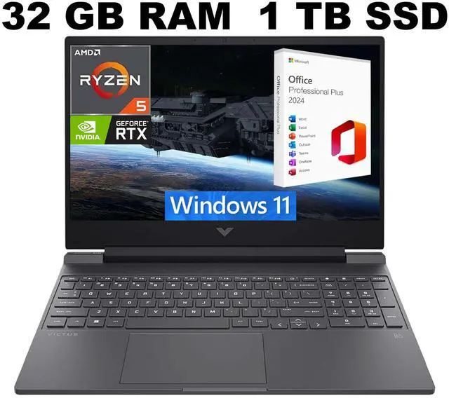 Main image of HP Victus 15 Gaming Laptop, 15.6" FHD 144Hz Display, AMD Ryzen 5 7535HS 6 cores Processor, RTX 2050 4GB GDDR6, 32GB DDR5  1TB PCIe SSD, Backlit Keyboard, Windows 11 ,Office 2024 License