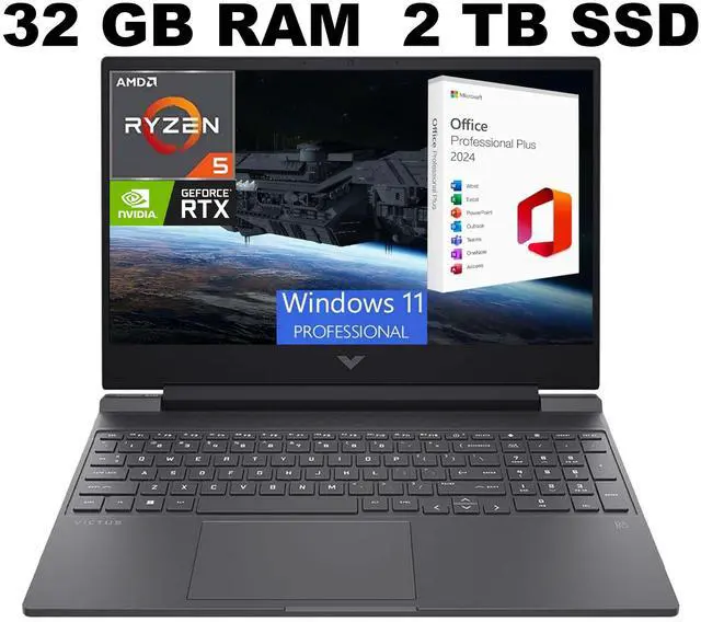 Main image of HP Victus 15 Gaming Laptop, 15.6" FHD 144Hz Display, AMD Ryzen 5 7535HS 6 cores Processor, RTX 2050 4GB GDDR6, 32GB DDR5  2TB PCIe SSD, Backlit Keyboard, Windows 11 Pro ,Office 2024 License