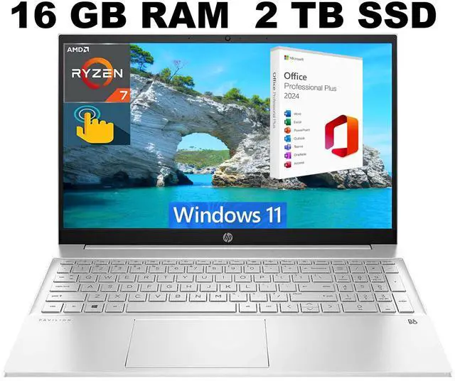 Main image of HP Pavilion 15 Laptop, 15.6" FHD Touchscreen, AMD Ryzen 7 5700U(8 Cores, Up to 4.3GHz) Processor, AMD Radeon Graphics, 16GB DDR4  2TB PCIe SSD, Backlit KB, WiFi 6, Windows 11 ,Office 2024 License