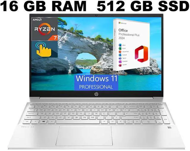 Main image of HP Pavilion 15 Laptop, 15.6" FHD Touchscreen, AMD Ryzen 7 5700U 8 Cores Processor, AMD Radeon Graphics, 16GB DDR4  512GB PCIe SSD, Backlit KB, WiFi 6, Windows 11 Pro ,Office 2024 License