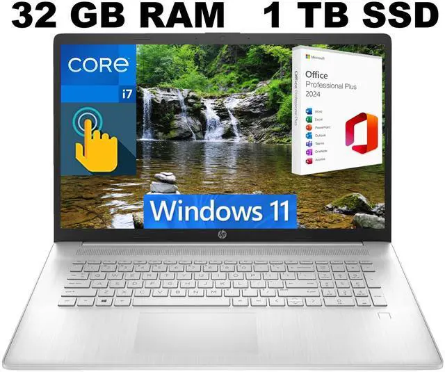 Main image of HP 17 Laptop, 17.3" HD+ Touchscreen, Intel Core i7-1355U 10 Cores Processor, Iris Xe Graphics, 32GB DDR4  1TB PCIe SSD, Fingerprint Reader, Backlit Keyboard, Windows 11 ,Office 2024 License