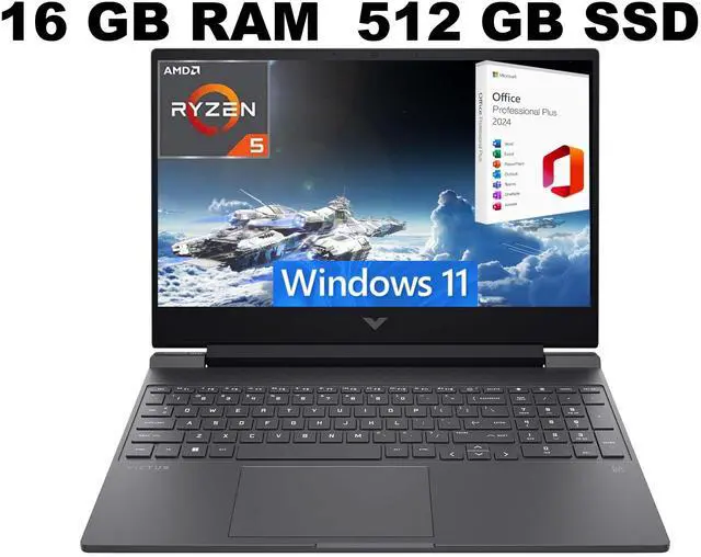 Main image of HP Victus 15 Gaming Laptop, 15.6" FHD 144Hz Display, AMD Ryzen 5 7535HS 6 Cores Processor, AMD Radeon RX 6550M Graphics, 16GB DDR5  512GB PCIe SSD, Backlit KB, Windows 11 ,Office 2024 License