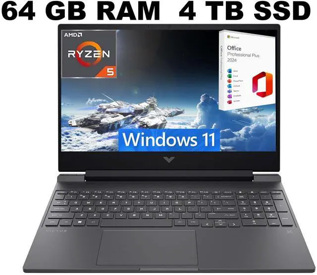 Main image of HP Victus 15 Gaming Laptop, 15.6" FHD 144Hz Display, AMD Ryzen 5 7535HS 6 Cores Processor, AMD Radeon RX 6550M Graphics, 64GB DDR5  4TB PCIe SSD, Backlit KB, Windows 11 ,Office 2024 License